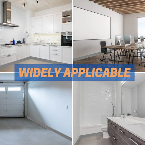 Flexible Baseboard Molding Trim 4 Inch By 20 Feet Self Adhesive Vinyl Wall Base Cove Base Peel And Stick Gray S100 installed in kitchen, office, garage, and bathroom.