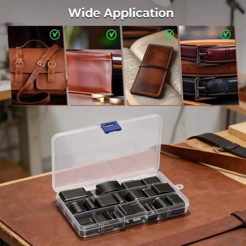 52 Shape Hole Punch Die Set For Leather And Fabric Crafts with storage case, shown with leather goods for keychains and wallets.