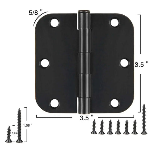 Image of Matte Black Interior Door Hinges Set 3.5 Inch By 3.5 Inch With Five Eighth Radius Corners, includes 36 screws.