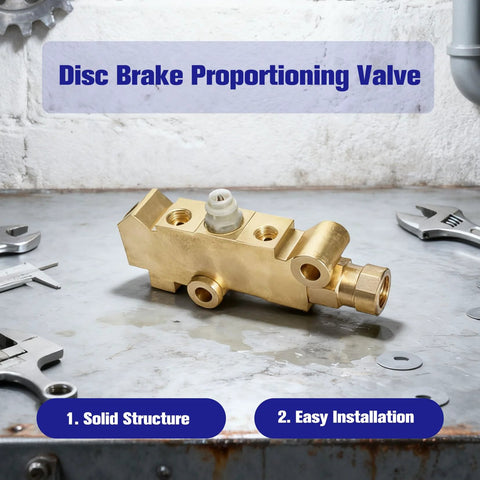 PV4 Disc Brake Proportioning Valve Kit, brass valve with multiple ports, front view on workbench