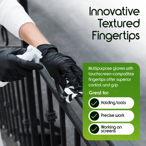 Person wearing Black Nitrile Gloves Heavy-Duty 6 Mil Chemical Resistant Disposable Cleaning while holding a spray bottle.