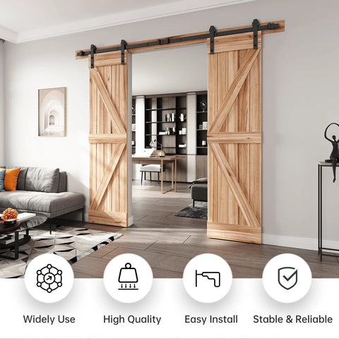 8 Ft Double Sliding Barn Door Hardware Kit With Straight Pulleys Heavy Duty Track System For 24 Inch Wide Double Doors