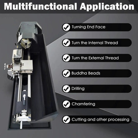 Industrial Metal Lathe Machine For Home Shop And Workshop with multifunctional applications and features display.