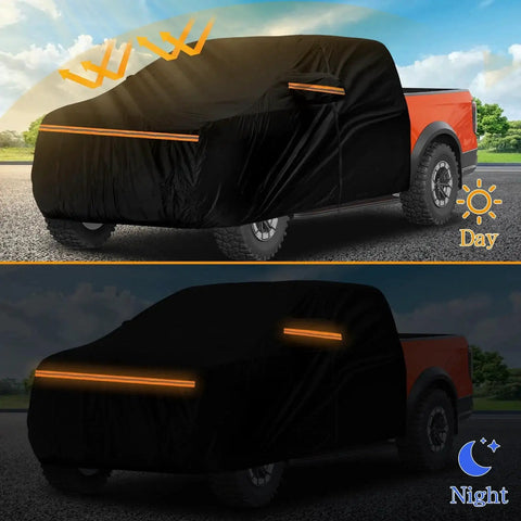 Cab Roof Cover For Mid Size Truck Crew Cab Sunshade With Reflective Warnings, installed on a mid-size crew cab truck.