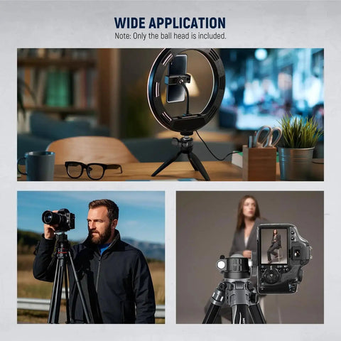 Wide application of Budget Friendly Compact Mini Ball Head for tripods, shown with lighting, DSLR, and vlog setup. Only ball head included.