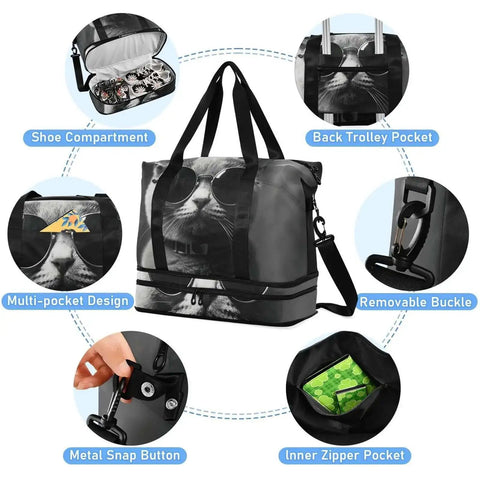 Waterproof Sports Gym Bag With Dry Wet Compartment And Shoe Storage, Large Capacity Duffel For Workout Travel Yoga And Swim, Gray Cat With Sunglasses Design, showing compartments and features.