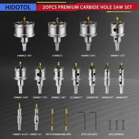 20 Piece TCT Carbide Hole Saw Kit 1/2 Inch To 2-1/8 Inch Tungsten Carbide Drill Bits Set With Titanium Pilot And L-Wrench In Aluminum Case For Hard Metals Stainless Steel Iron Aluminum displayed front view