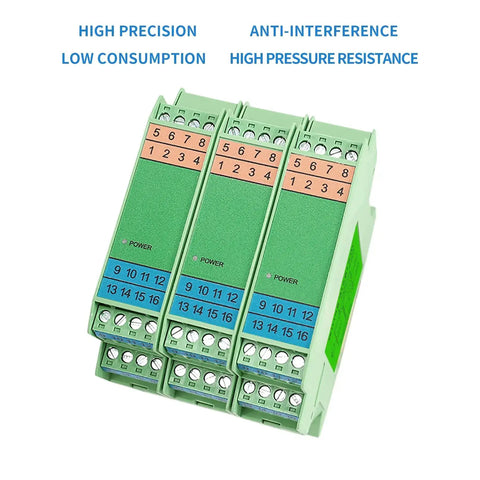 DC 24V Signal Isolator For PLC With One Input And Two Analog Outputs And 4 20 mA Signal Conditioning Module shown in green rail mount