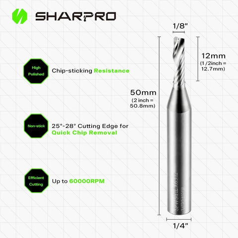Pro Grade O Flute Upcut Carbide Router Bit For CNC, 1/4 Inch Shank, 1/8 Inch Cutting Diameter, Single Flute, SHARPRO