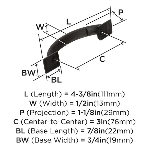 Diagram showing measurements of Oil Rubbed Bronze Cabinet Pull 3 Inch Center To Center 4 3/8 Inch Overall Length.