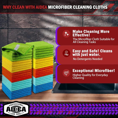 Stack of 50 Pack Microfiber Cleaning Cloths 12x12 Inches For Cars Home And Window in assorted colors on a counter.