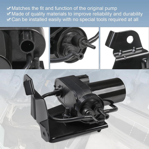 RADHLBNIU electric vacuum pump for automotive use with mounting bracket, black housing, and inlet/outlet hoses.