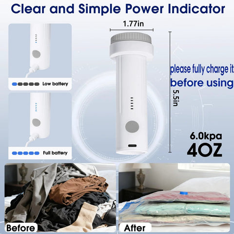 Cordless white vacuum pump for storage bags, USB rechargeable, with battery indicator and clothes compression.