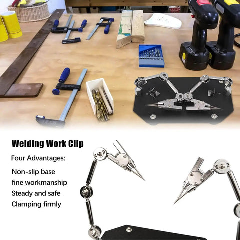 Pro Grade Heavy Duty Welding Fixture Clip With Double Clip Clamp on workbench, adjustable 360 degree swivel jewelry welding table clip.