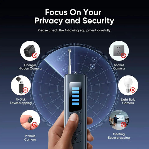 All In One Hidden Spy Camera Detector With RF Signal Scan And Infrared Lens Finder identifying various hidden cameras