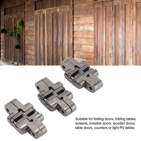 3 Pack 43mm Invisible Hinges For Cabinets And Jewelry Boxes, 180 Degree Zinc Alloy Cross Hinge, Hidden Door Lock Hardware In Durable Black Plated Finish, shown with wooden doors in the background.