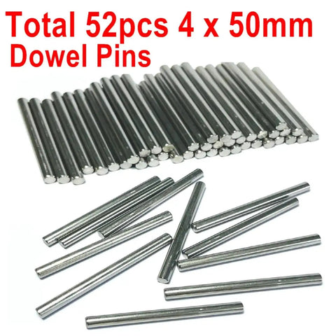 52 Piece 4Mm By 50Mm Dowel Pins Set In 304 Stainless Steel for DIY Shelves and Bunk Beds, shown stacked and scattered on surface.