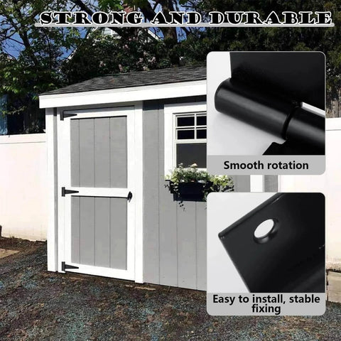 Shed door with Six Pack 6 Inch T Strap Heavy Duty Gate Hinges, black rustproof, showing smooth rotation and easy install features