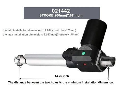 Beefy Heavy Duty 1320 Lbs 6000 N 24 V DC Linear Actuator With 8 Inch Stroke, aluminum body, shown with measurements in inches