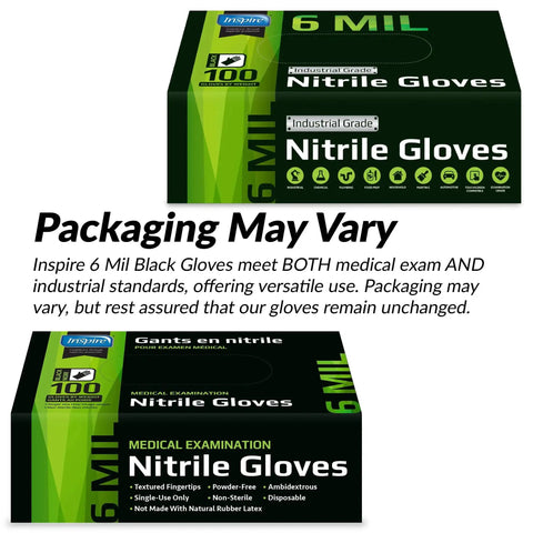 Black Nitrile Gloves Heavy-Duty 6 Mil packaging front and side view, showcasing medical and industrial grade labels.
