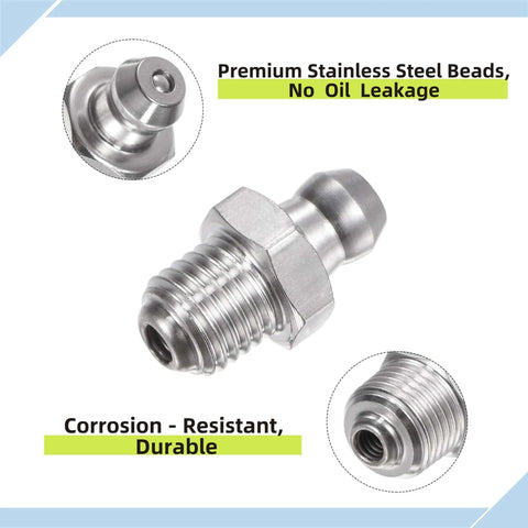 Grease fittings set: 6 304 stainless steel straight fittings, M6 x 1mm thread, with 10 dust caps