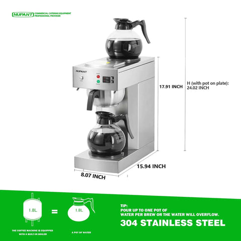 12 Cup Commercial Coffee Maker With Water Line Auto Fill, stainless steel, dual glass carafes on warmers, drip brewer.