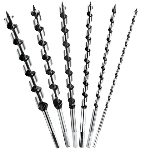 Six Piece Twelve Inch Long Auger Drill Bit Set With Hex Shank From One Quarter To Seven Eighth Inch For Soft And Hard Wood Plastic Drywall And Composite Materials Durable Carbon Steel Construction For Long Life displayed vertically