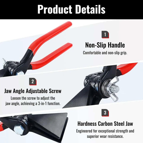 3 In 1 Sheet Metal Bender Pliers With Adjustable Jaw showing red non-slip handles and steel adjustable screw for bending metal