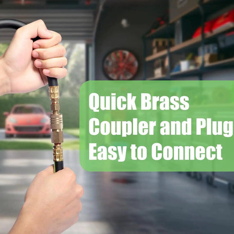 Close-up of hands connecting heavy duty three eighths inch air hose with brass quick coupler and plug in a garage setting