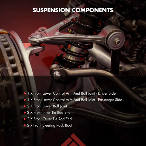 Close-up of ASTOU front suspension kit: 10 pcs with lower control arms, ball joints, tie rods with boots