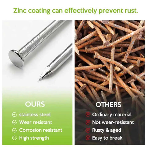 Comparison of stainless steel nails and ordinary rusty nails for 510 Piece Stainless Steel Nails Kit With 7 Sizes For Woodworking Fencing Furniture And DIY Projects Pro Grade Rust Resistant Easy Grab Fasteners To Power Through Projects And Save Time.