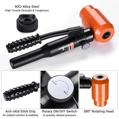 Close-up of 15-Ton Hydraulic Knockout Punch Kit With 10 Dies For Holes From 1/2 Inch To 4 Inch in steel and aluminum, with handle grips and rotary switch.