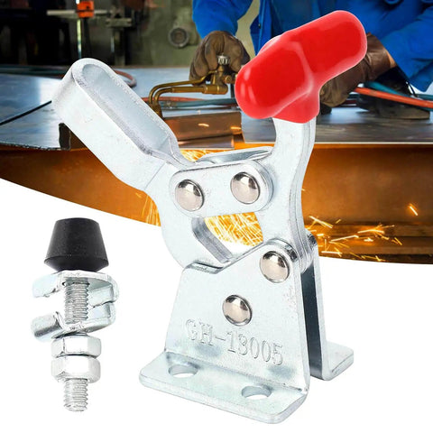 2 Piece Toggle Clamp Set Quick Release Vertical Welding Holding Clamps For Woodworking Jigs And Fixtures Drill Press Crosscut Sled Heavy Duty Metal Construction For Secure Precise Workholding, showing silver clamp with red handle and additional parts in a workshop setting