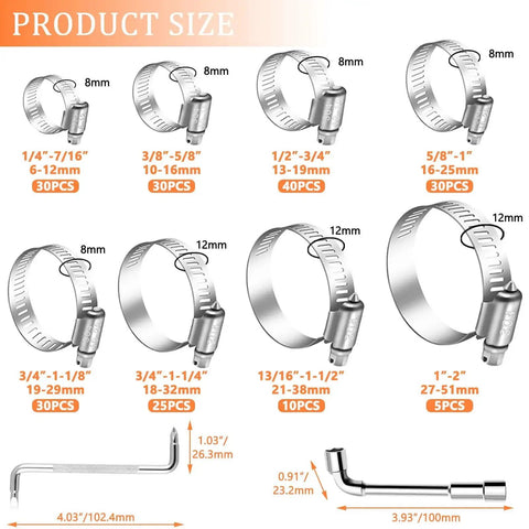 Heavy Duty 202 Piece Stainless Steel Hose Clamp Kit 304 Stainless Worm Gear Clamps From Quarter Inch To Two Inch For Automotive Radiator