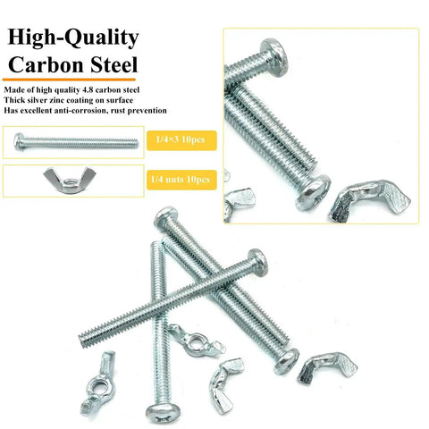 1/4-20 Wing Nuts And 1/4-20 X 3-Inch Phillips Head Machine Screws Kit Zinc Plated Carbon Steel With 10 Hand Tighten Wing Nuts And 10 Phillips Screws In Clear Plastic Box Handy Hardware Fasteners Assortment For DIY Projects, showing screws and wing nuts on white background.
