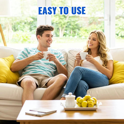 Two people sitting on a sofa with coffee cups, tropical view through window, text reads 'Easy to Use' above them
