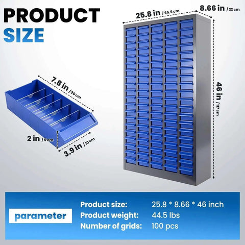 100 Drawer Parts Cabinet For Tools And Hardware Organization With Alloy Steel Frame And ABS Drawers In Silver And Blue Finish