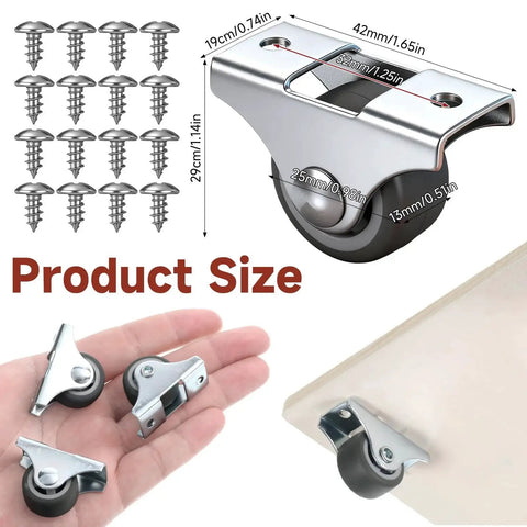 4 Pack 1 Inch Small Non Swivel Caster Wheels With Top Plate And Screws for Furniture Installation and Dimensions