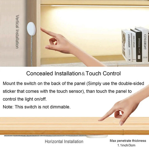 Demonstrating Hidden Touch Sensor Switch For Panels No Hole Required 110V 250W installed on wood panel for discreet touch activation.