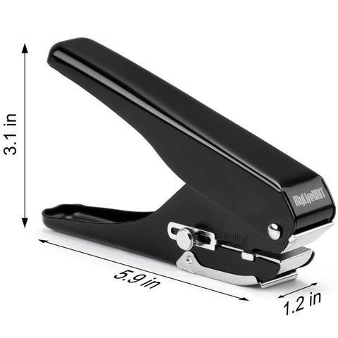 Side view of black metal Badge Hole Punch Slot Puncher For ID Cards And PVC Paper Slots Tough As Nails Metal Build For Pro Use Heavy Duty