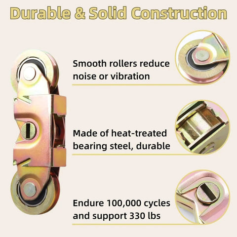 2 Pack Gliding Patio Door Tandem Roller Assembly for Patio Doors, steel construction, close-up on wheels and assembly details