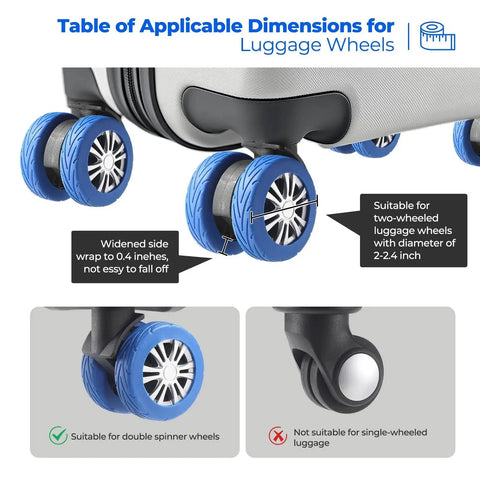 Image of blue silicone wheel covers on a suitcase, showing suitability for 2.0-2.4 inch spinner wheels. Upgrade Luggage Wheel Covers 8 Pack For Carry On Suitcases Wear Resistant And Anti Noise Silicone Wheel Protectors For 2 To 2 Point 4 Inch Spinner Wheels Blue Travel Gear Essential Great For Frequent Travelers And Luggage Enthusiasts.