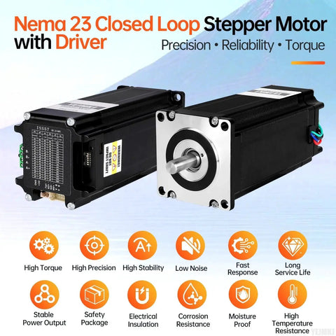 Nema 23 Closed Loop Stepper Motor With Integrated Driver, black casing, silver shaft, for CNC mills, high torque, reliable precision.