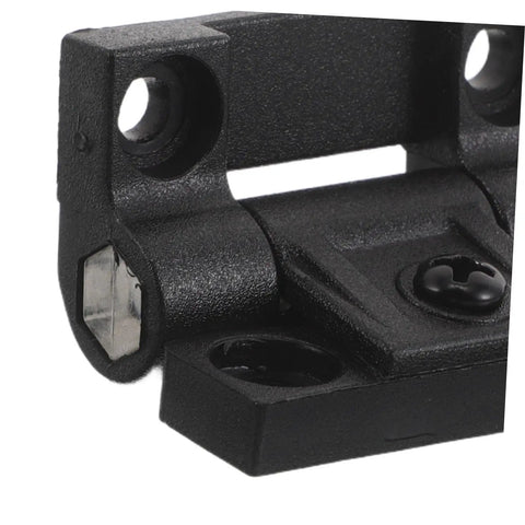 Close-up of Plastic Folding Cabinet Hinge With 90 Degree Torque Friction Adjustable Arm Reinforced Ball Bearing Anti Sag Design.