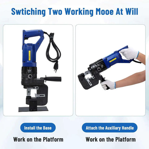 Heavy Duty 1200W Electric Hydraulic Hole Punch Tool 110V with base and handle installation, portable punching for sheet metal projects.