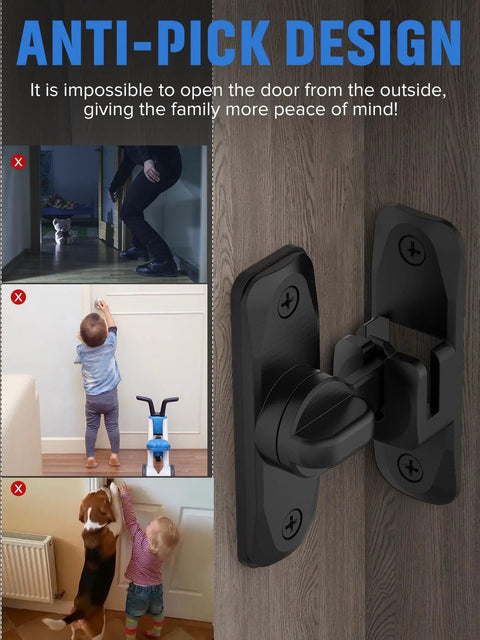 Side view of 90/180 Degree Flip Barn Door Lock Set for Privacy installed in black on wooden door showing anti-pick design