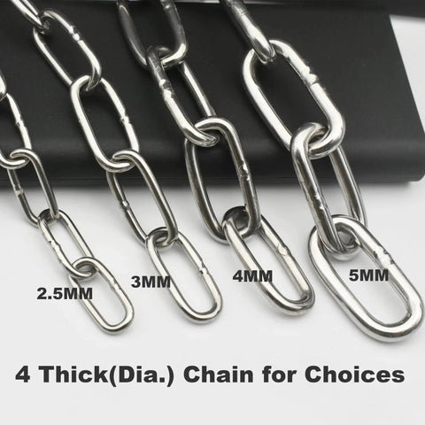 304 Stainless Steel Chain 1/8 Inch By 5 Feet With Welded Closed Links And Locking Carabiners, various chain sizes displayed