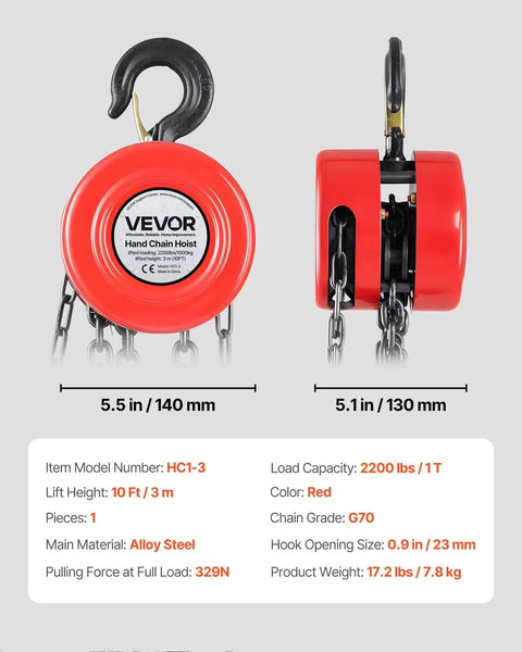 1 Ton Hand Chain Hoist With 10 Ft Lift Height And Galvanized G70 Chain, Heavy Duty Pulley For Garage And Warehouse, front and side view