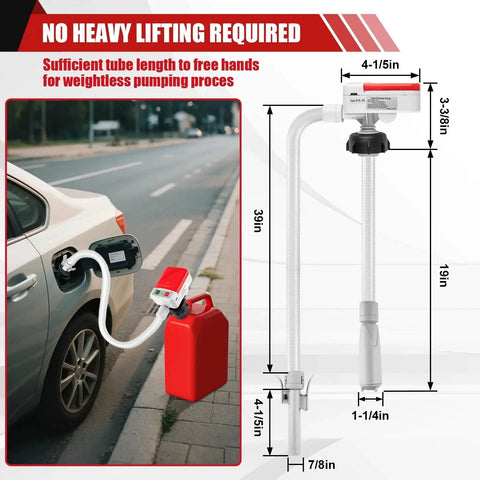 Portable Fuel Transfer Pump With Auto Stop Sensor 3.2 GPM 51 Inch Hose Gas Can Pump with car, red gas can, and adapters