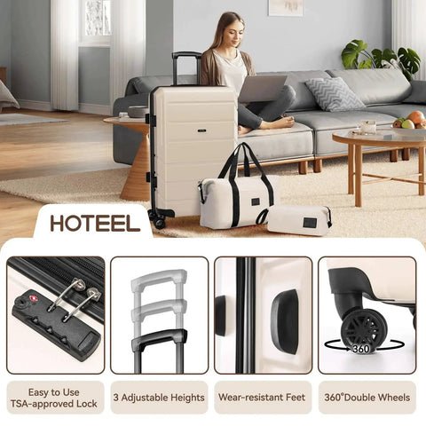 Expandable 3 Piece Luggage Set For Travel With Spinner Wheels And TSA Lock, 20 Inch Carry On Hardshell ABS Plus PC, Beige, Includes Duffle Bag And Toiletry Bag, Great For Business Trips And Weekend Getaways, Hoteel 4 Year Warranty.